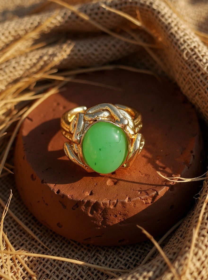 Handmade Gold Plated Jade Ring – Adjustable Boho Statement Jewelry, Gift for Her