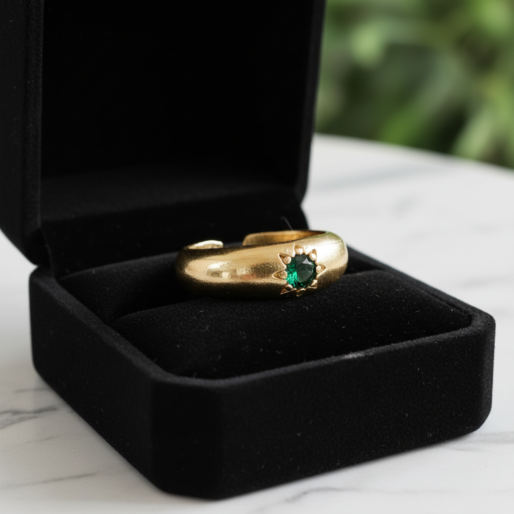 Wide Gold Band Ring with Green Zirconia