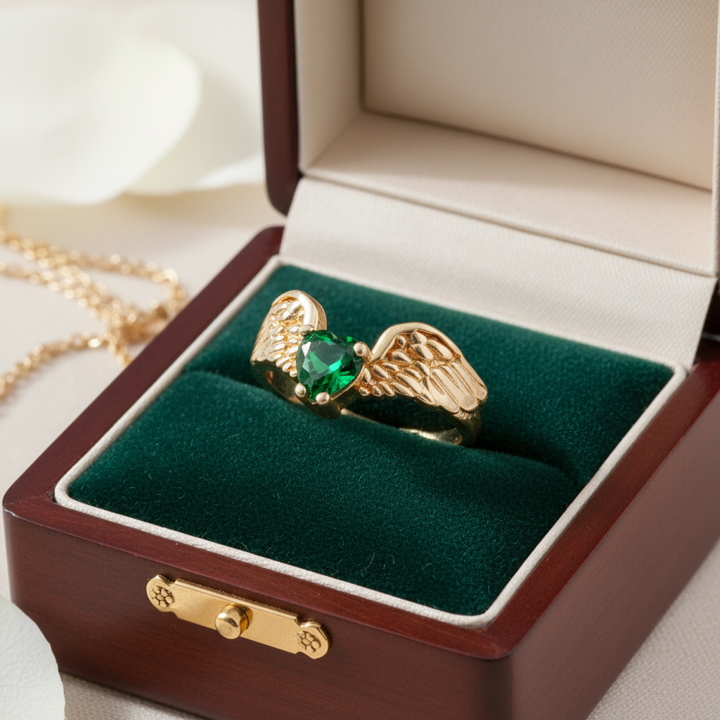 Angel Wings Gold Ring with Green Zirconia