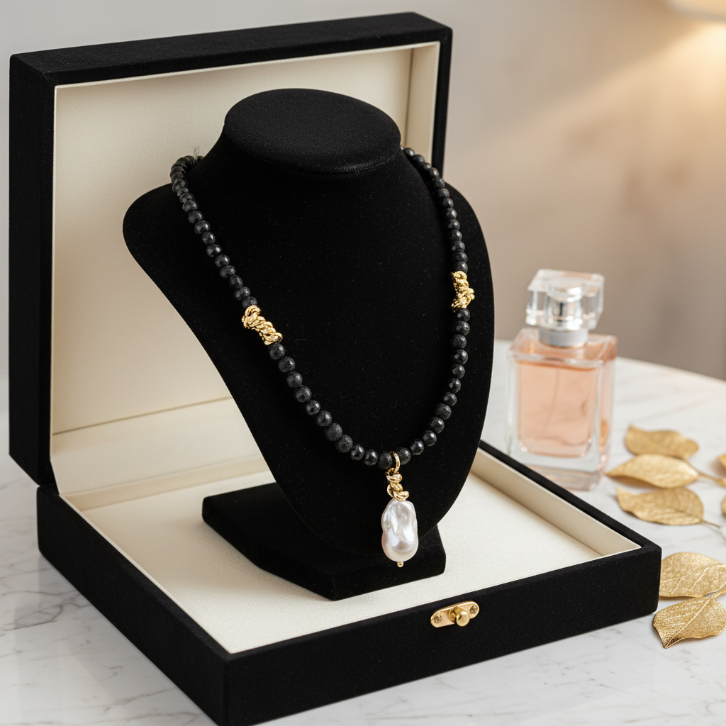 Black Star Stone Necklace with Baroque Pearl - Gold Plated