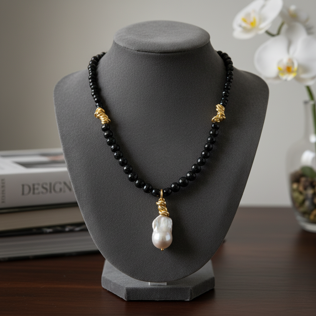 Black Star Stone Necklace with Baroque Pearl - Gold Plated