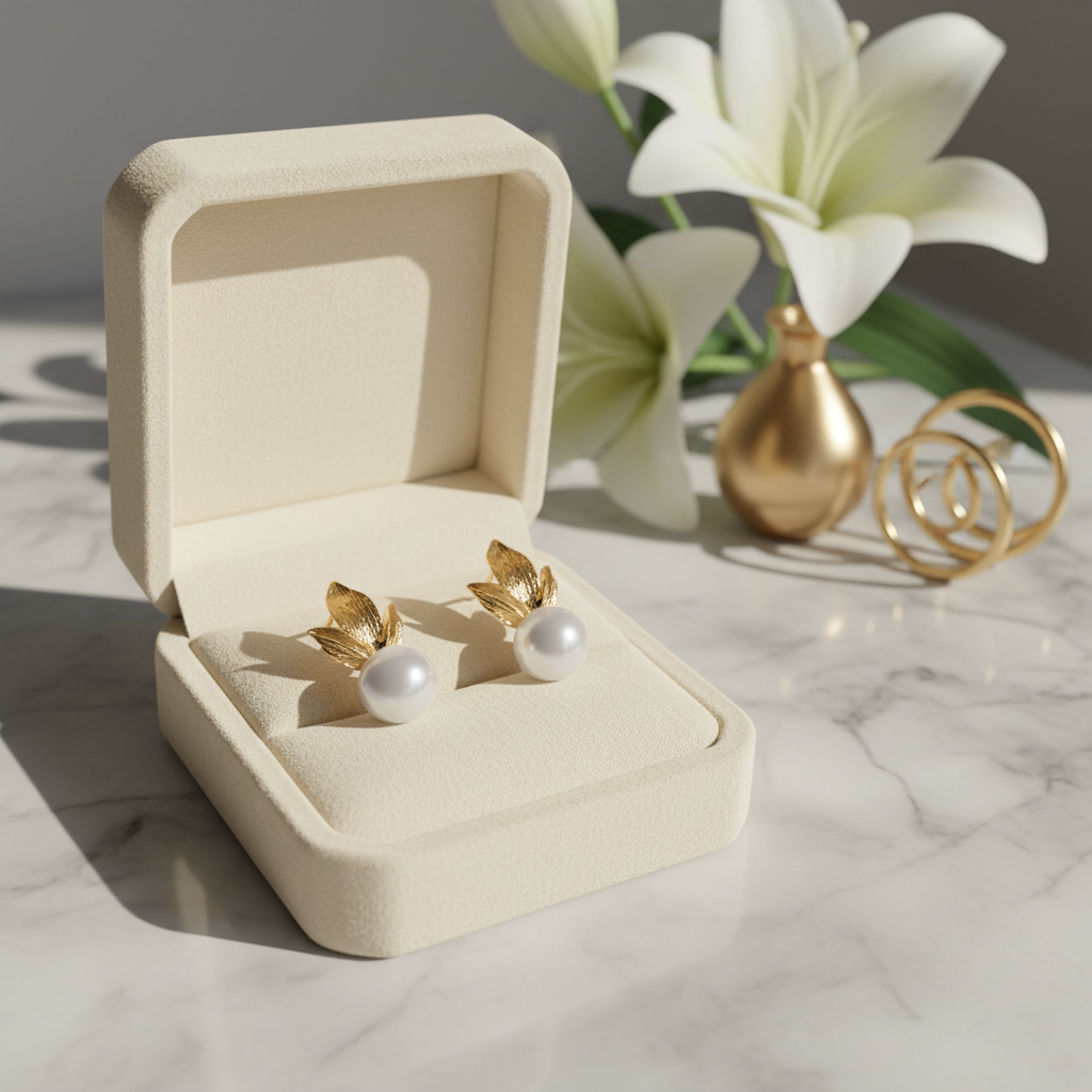 Gold-Plated Leaf Earrings with Genuine Pearl