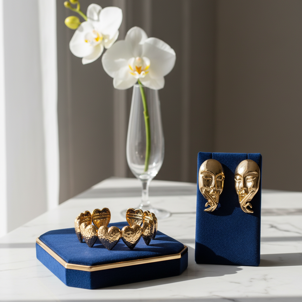 Gold Plated Heart Ring & Artistic Face Earrings Set