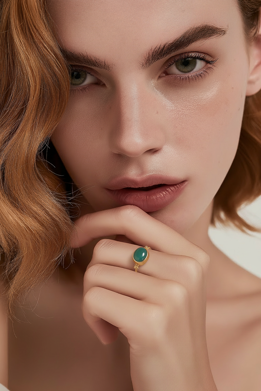 Adjustable Green Agate Ring 18K Gold Plated