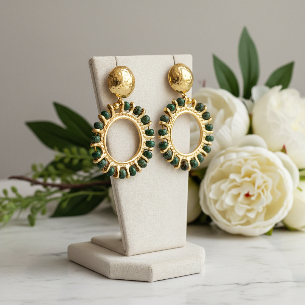 Green Variscite Halo Circle Earrings 18k Gold Plated