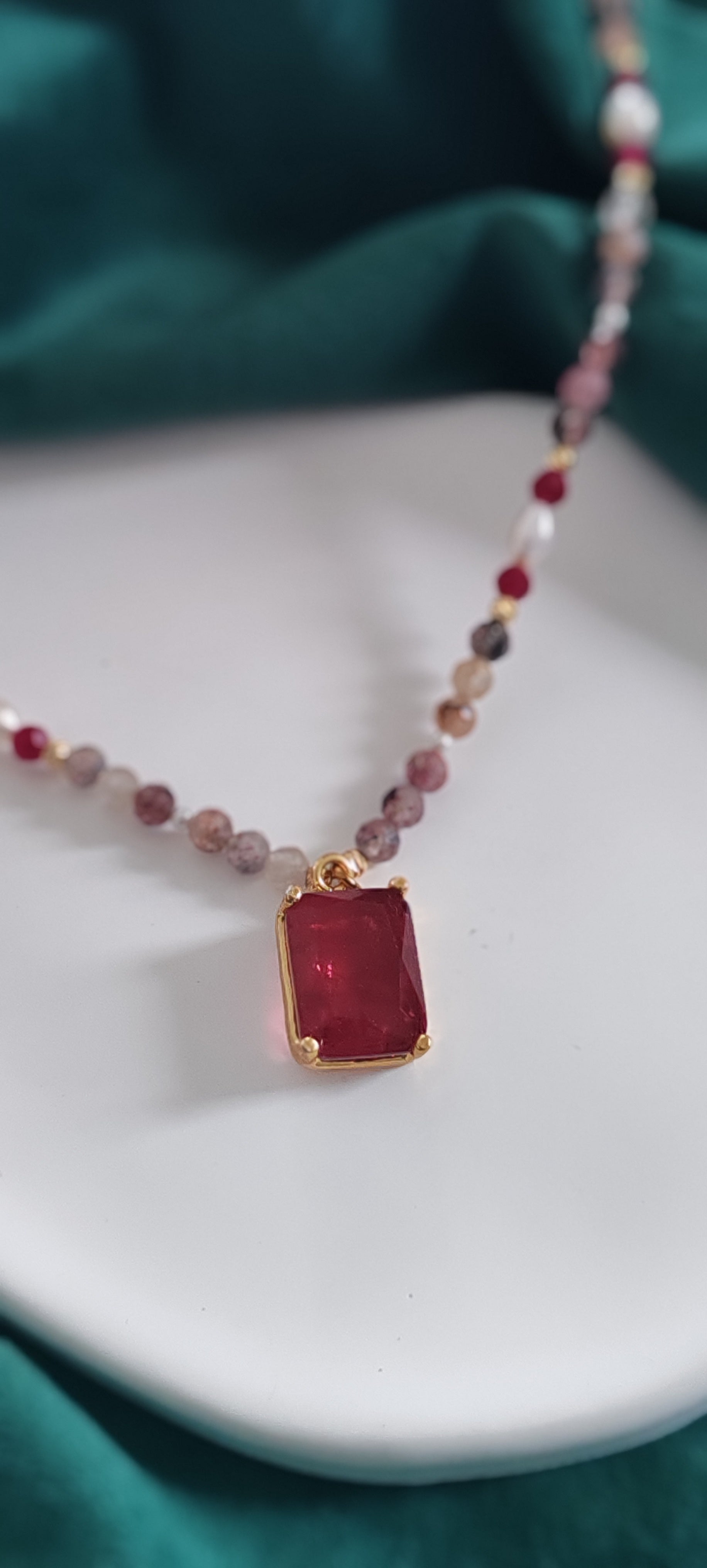 Cherry Quartz Necklace with Pearls & Zirconia, Gold Plated