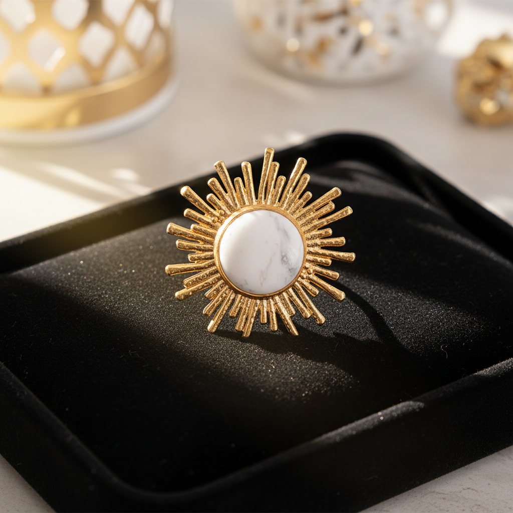 Gold Sun Howlite Ring Adjustable Boho Jewelry