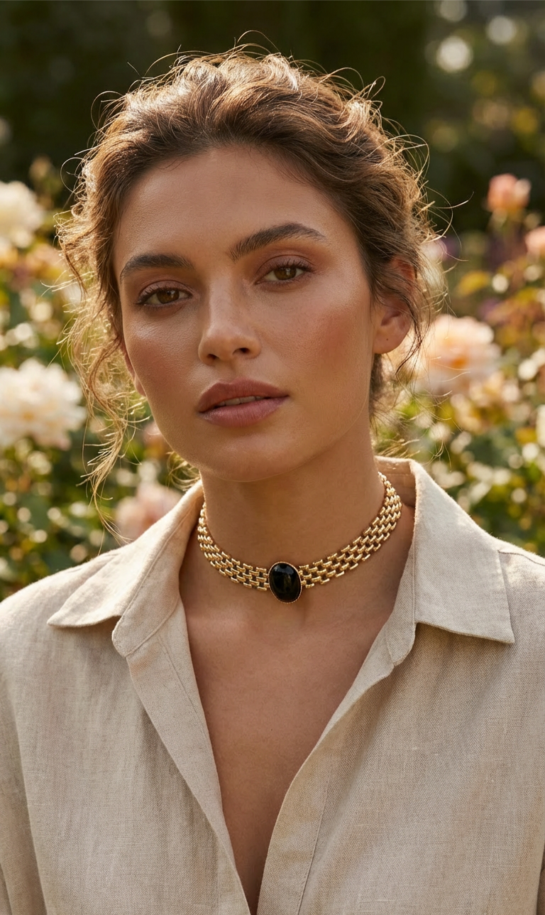 Stunning Vintage-Inspired Choker Necklace 37cm | Gold-Plated Brass with Beautiful Stone