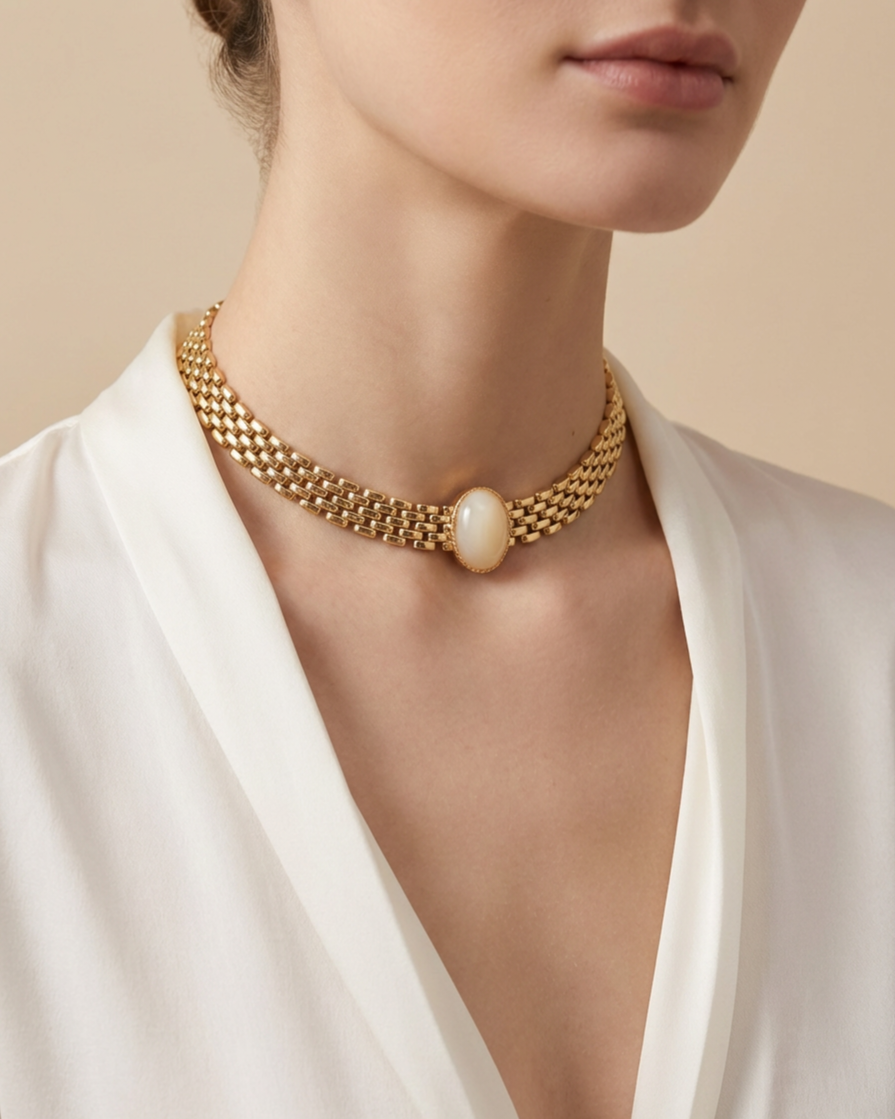 Stunning Vintage-Inspired Choker Necklace 37cm | Gold-Plated Brass with Beautiful Stone