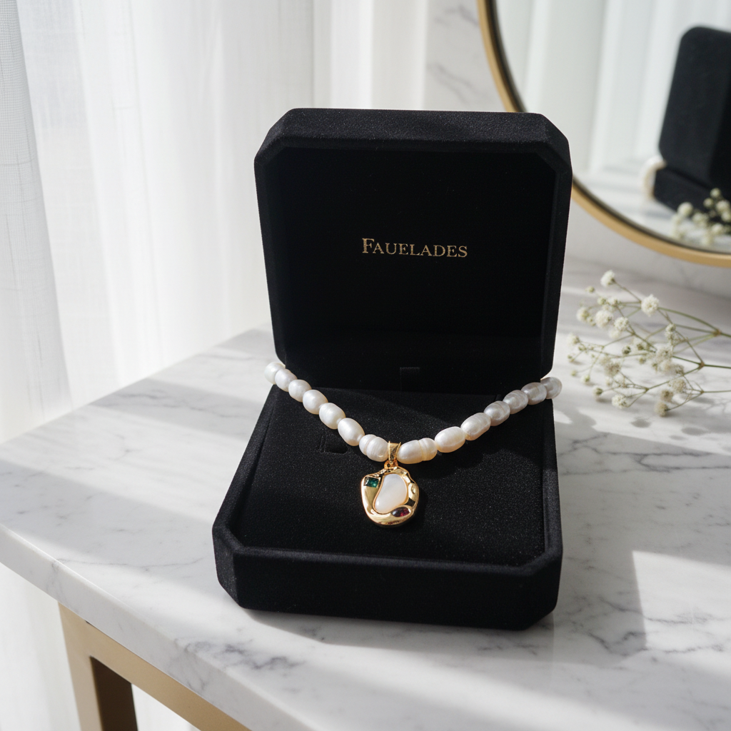 Natural Pearl Necklace with Gold Pendant – Handmade Elegance