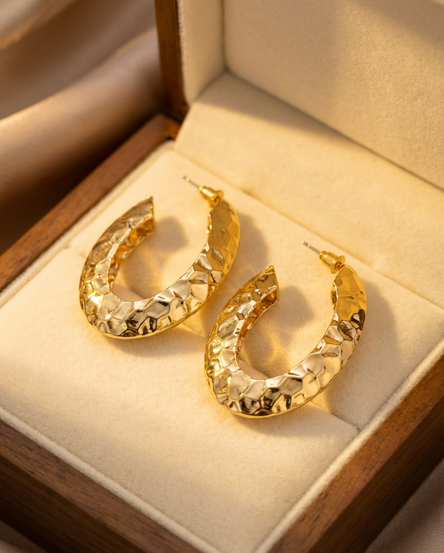 Luxury Oval Gold-Plated Earrings | Textured Hammered Surface | Timeless Style