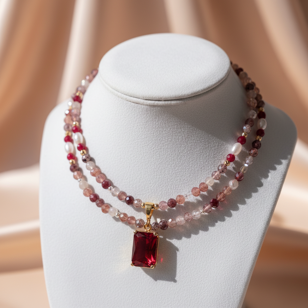 Cherry Quartz Necklace with Pearls & Zirconia, Gold Plated