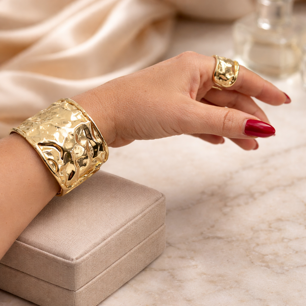 14K Gold Hammered Jewelry Set | Textured Cuff & Statement Ring