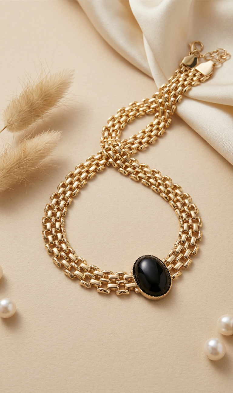 Stunning Vintage-Inspired Choker Necklace 37cm | Gold-Plated Brass with Beautiful Stone