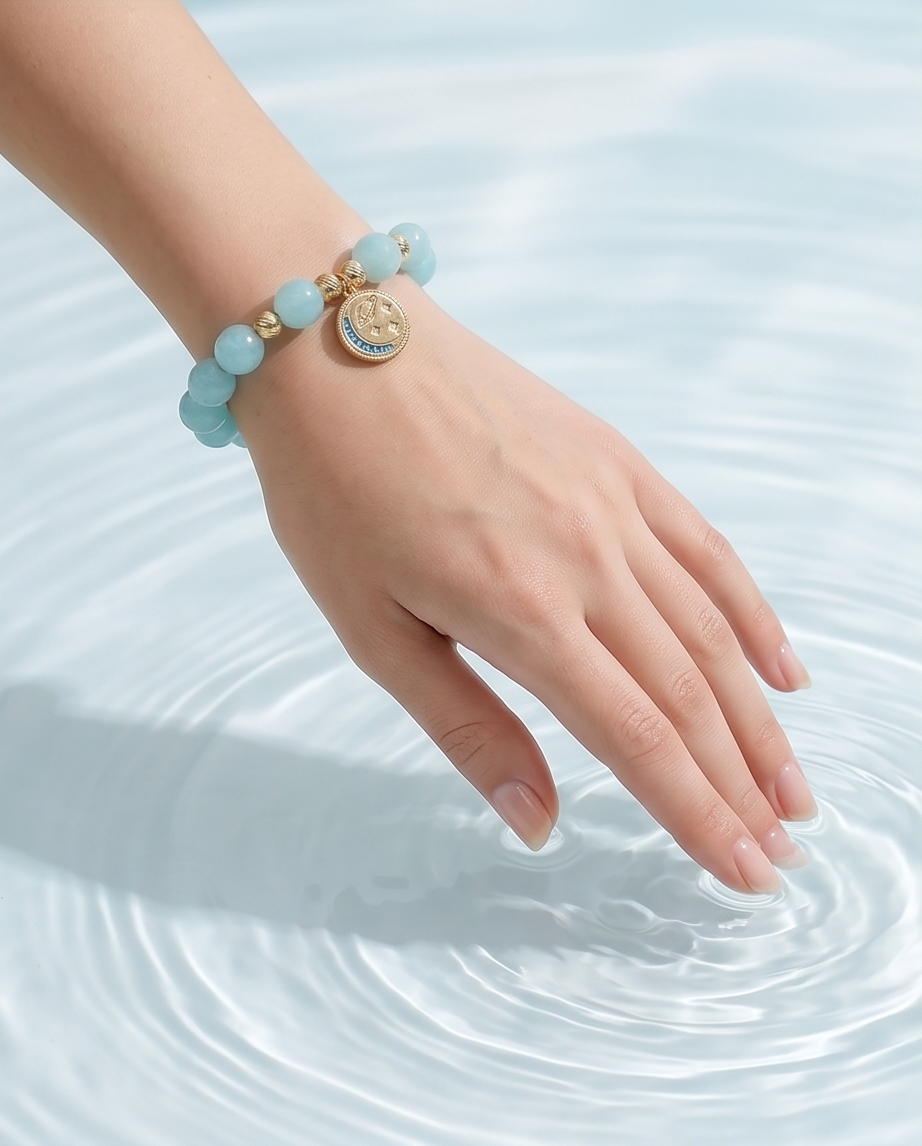Handmade Natural Aquamarine Bracelet | Celestial Charm Gold-Plated Steel