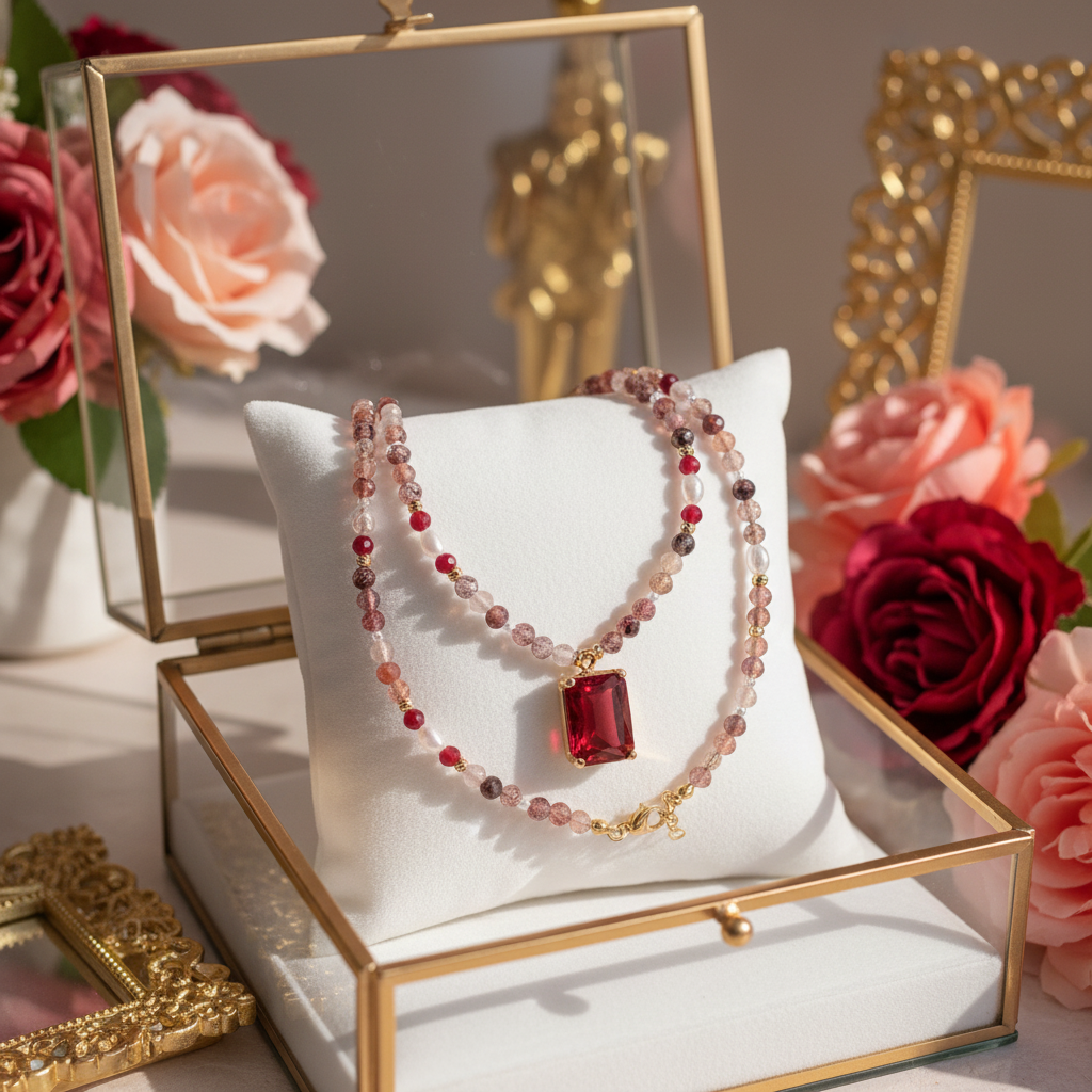 Cherry Quartz Necklace with Pearls & Zirconia, Gold Plated