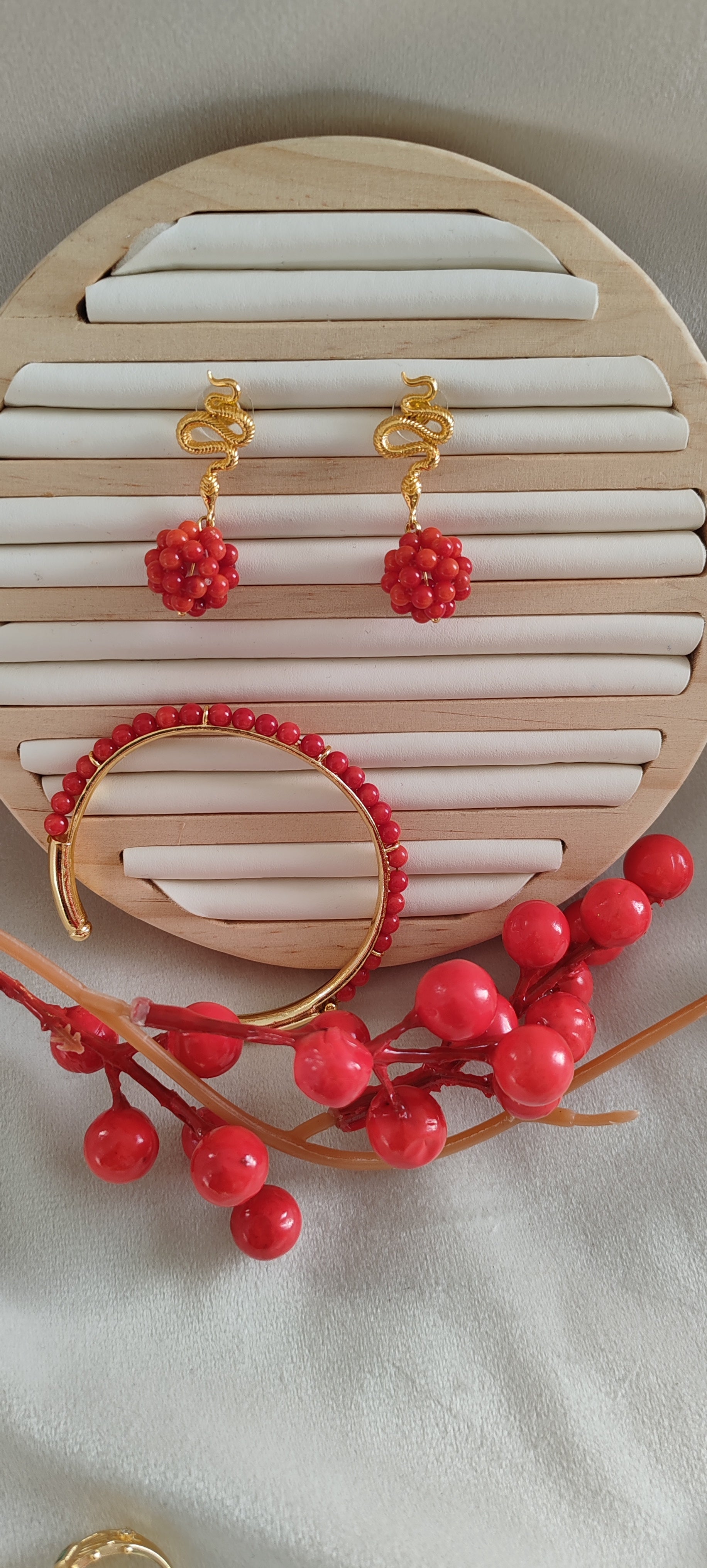 Red Coral & Gold Serpent Set  Necklace & Earrings