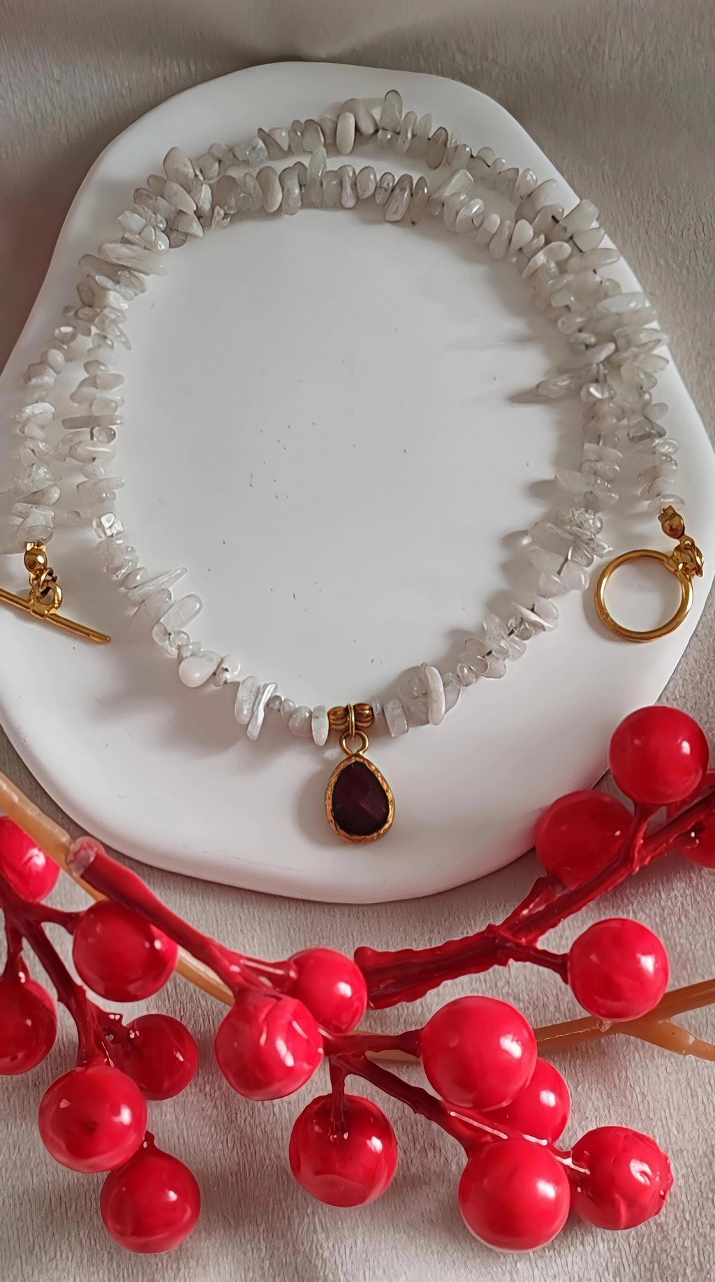 Moonstone & Raspberry Ruby Choker Necklace 18K Gold Plated
