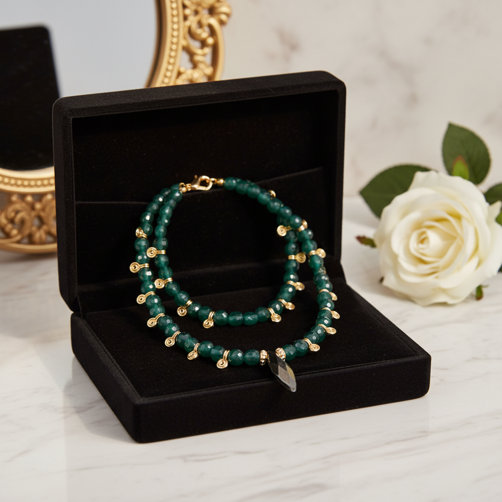 Green Agate Necklace with Hematite Pendant - Gold Plated