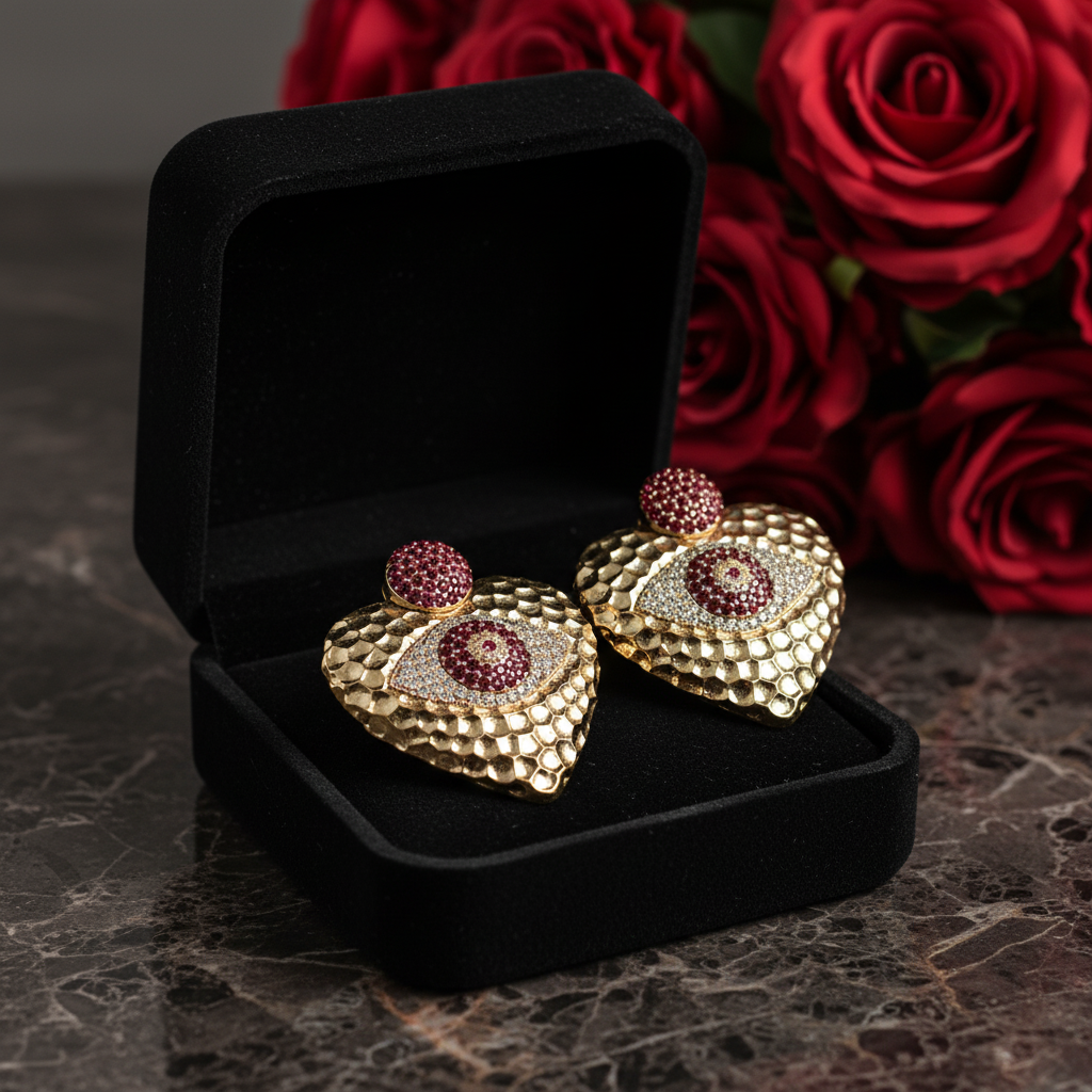 Textured Heart Earrings with Zirconia - Gold Plated