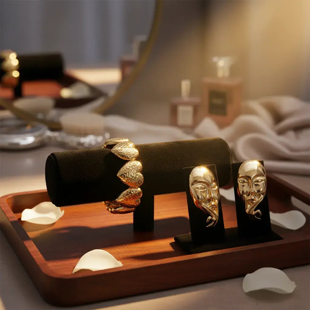 Gold Plated Heart Ring & Artistic Face Earrings Set