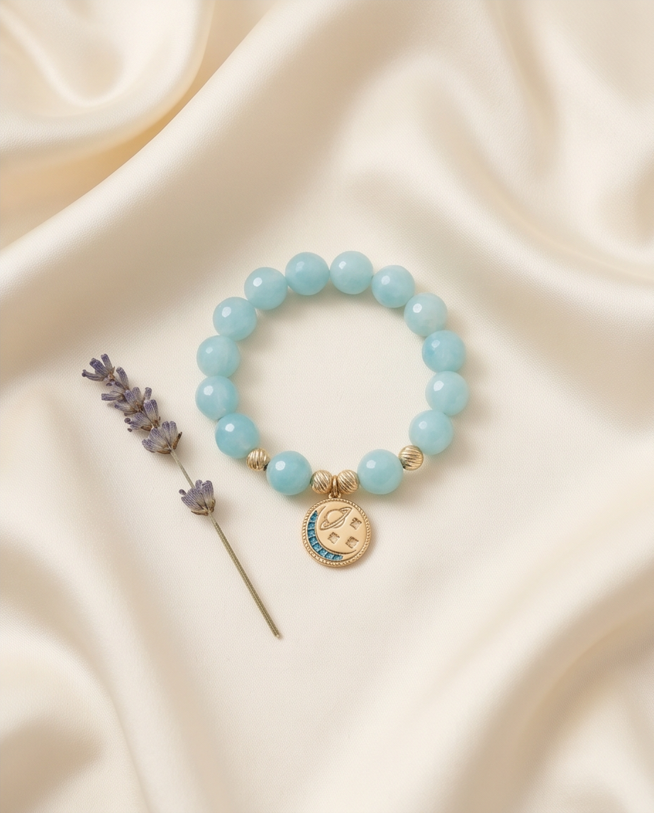Handmade Natural Aquamarine Bracelet | Celestial Charm Gold-Plated Steel