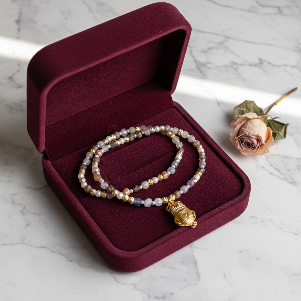 Pearl & Amethyst Scarab Necklace  18k Gold Plated