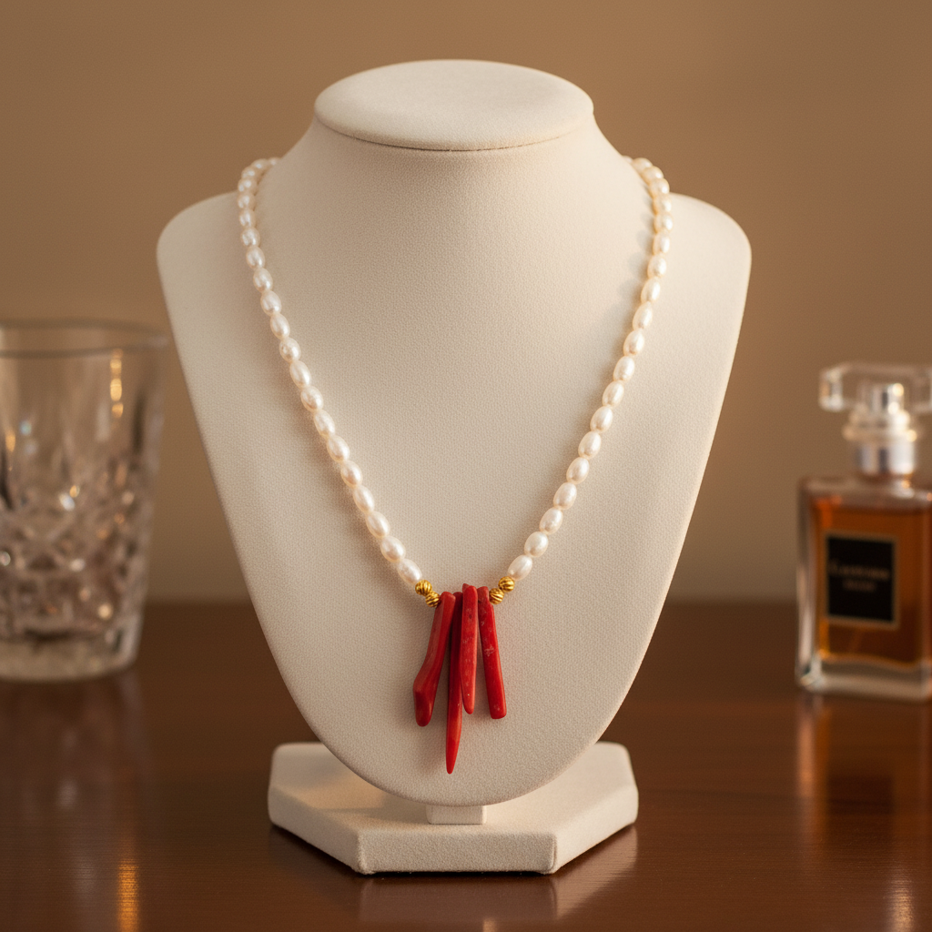 Pearl & Red Coral Spike Necklace  18k Gold Plated