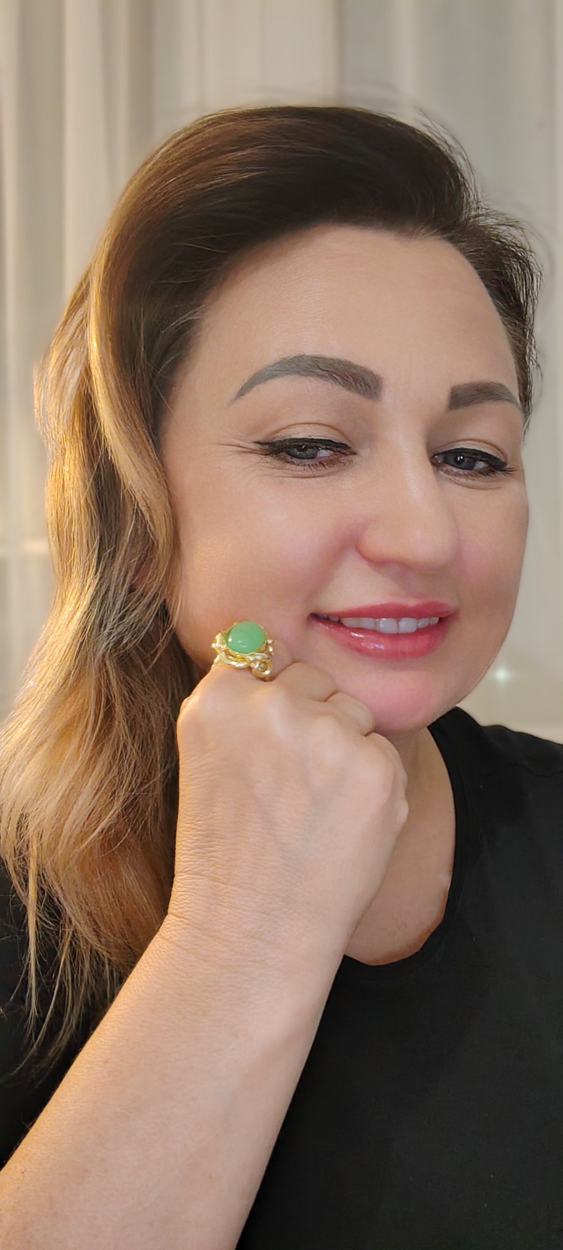 Handmade Gold Plated Jade Ring – Adjustable Boho Statement Jewelry, Gift for Her