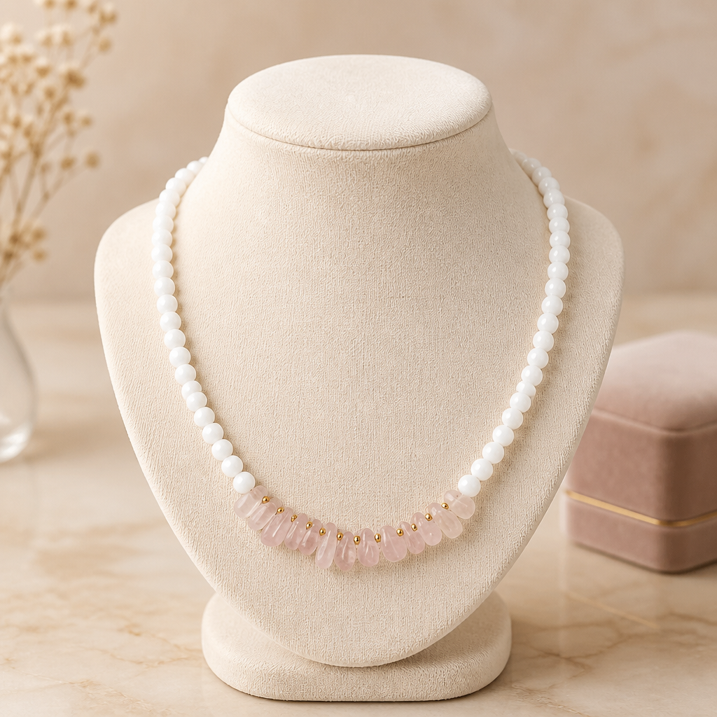 Handmade Rose Quartz & White Chalcedony Necklace – A Symbol of Love & Calm