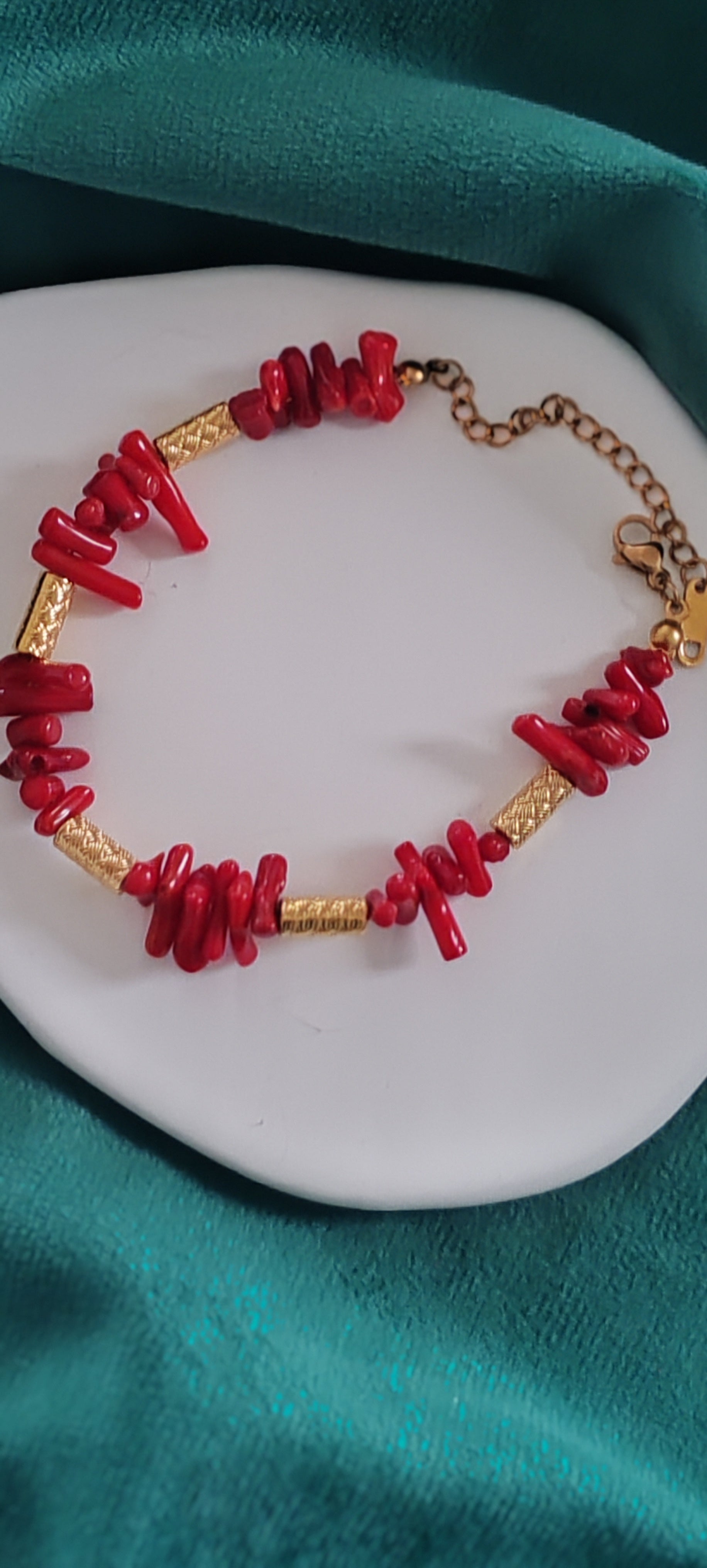 Red Coral Choker & Bracelet Set  18k Gold Plated