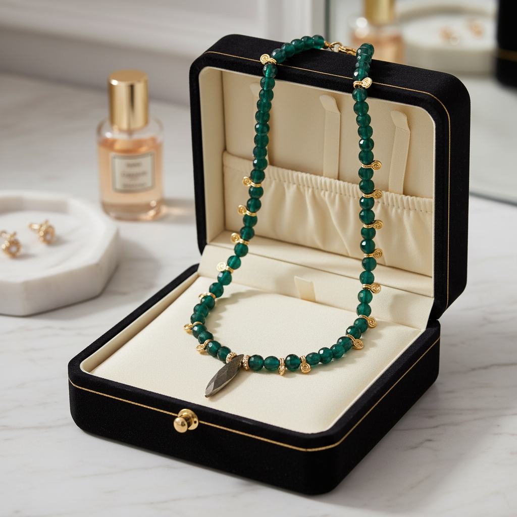 Green Agate Necklace with Hematite Pendant - Gold Plated