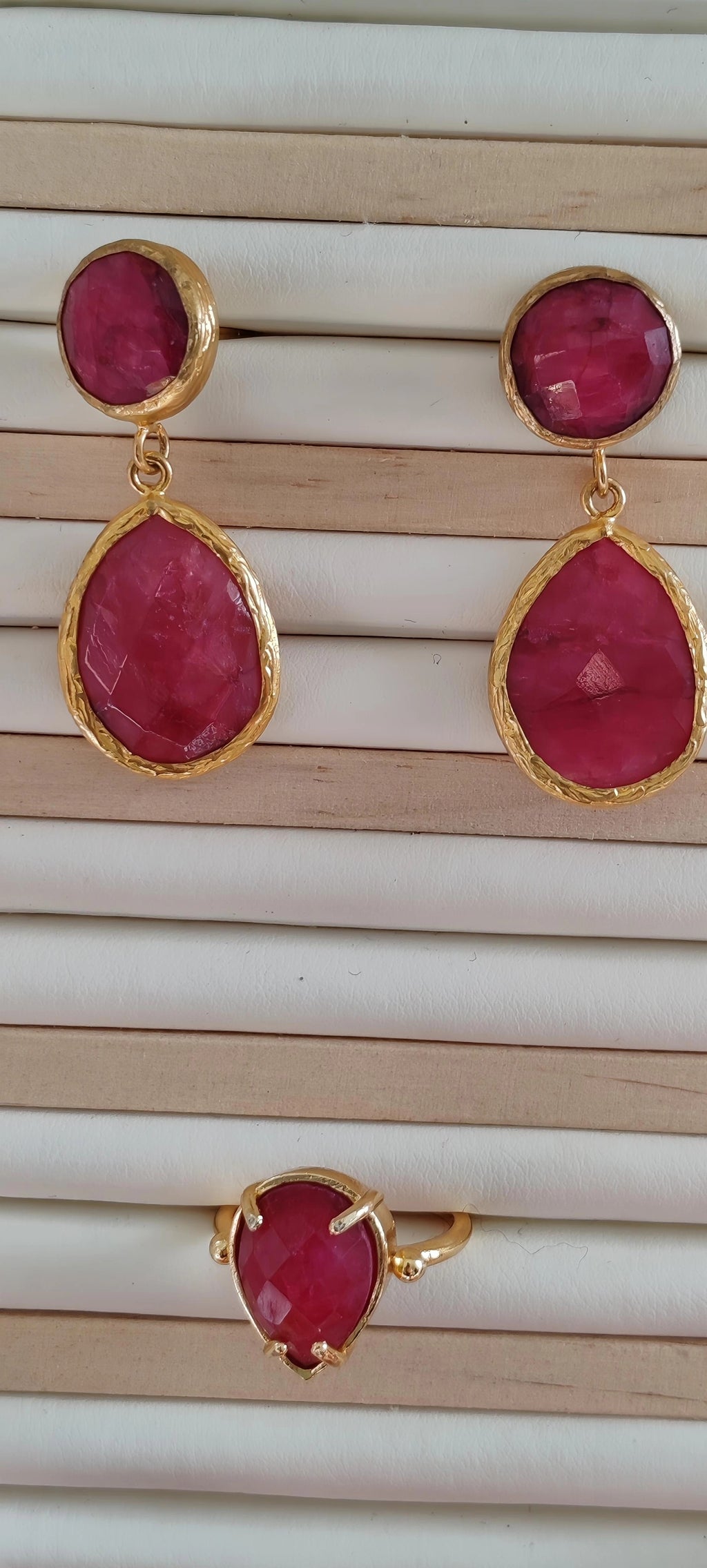 Raw Ruby & Gold Teardrop Set Earrings & Ring