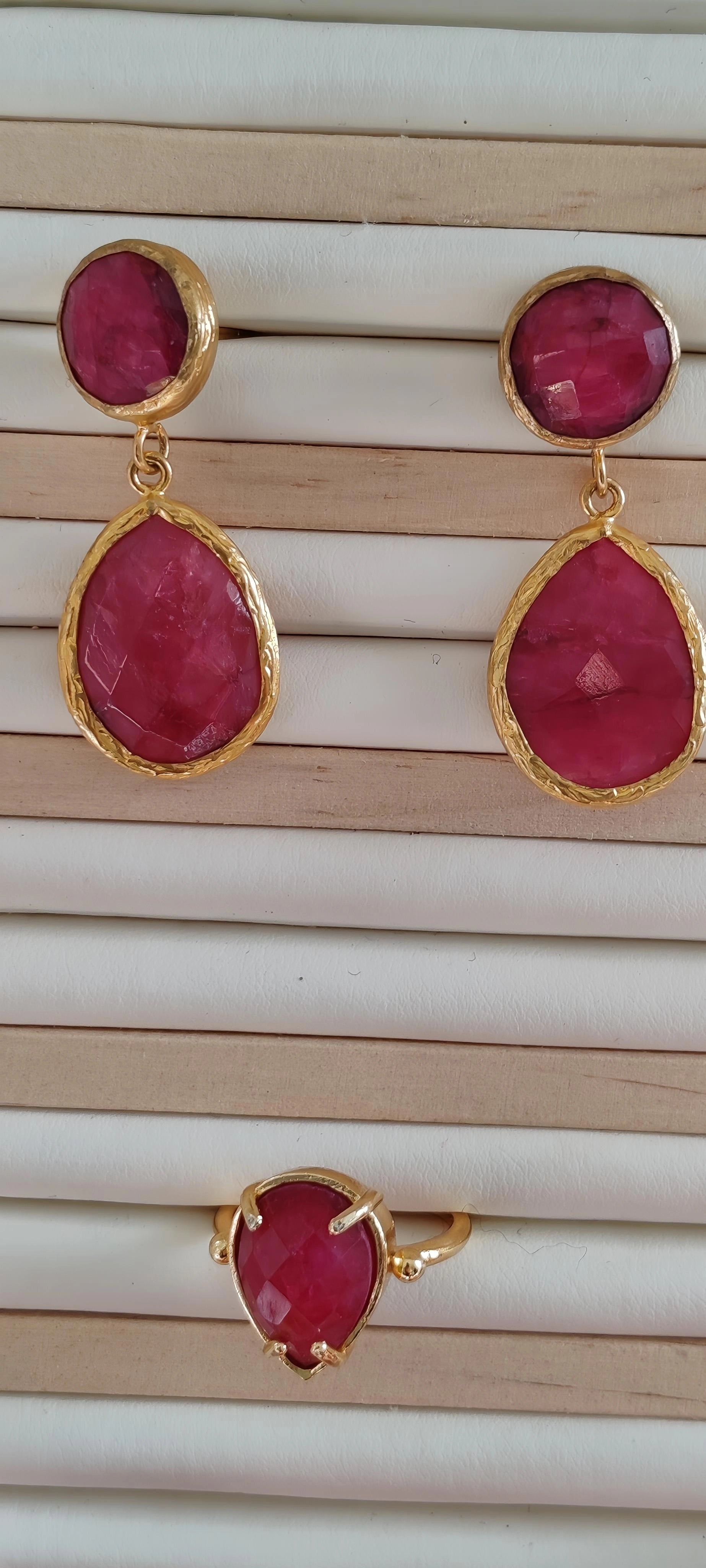 Raw Ruby & Gold Teardrop Set Earrings & Ring