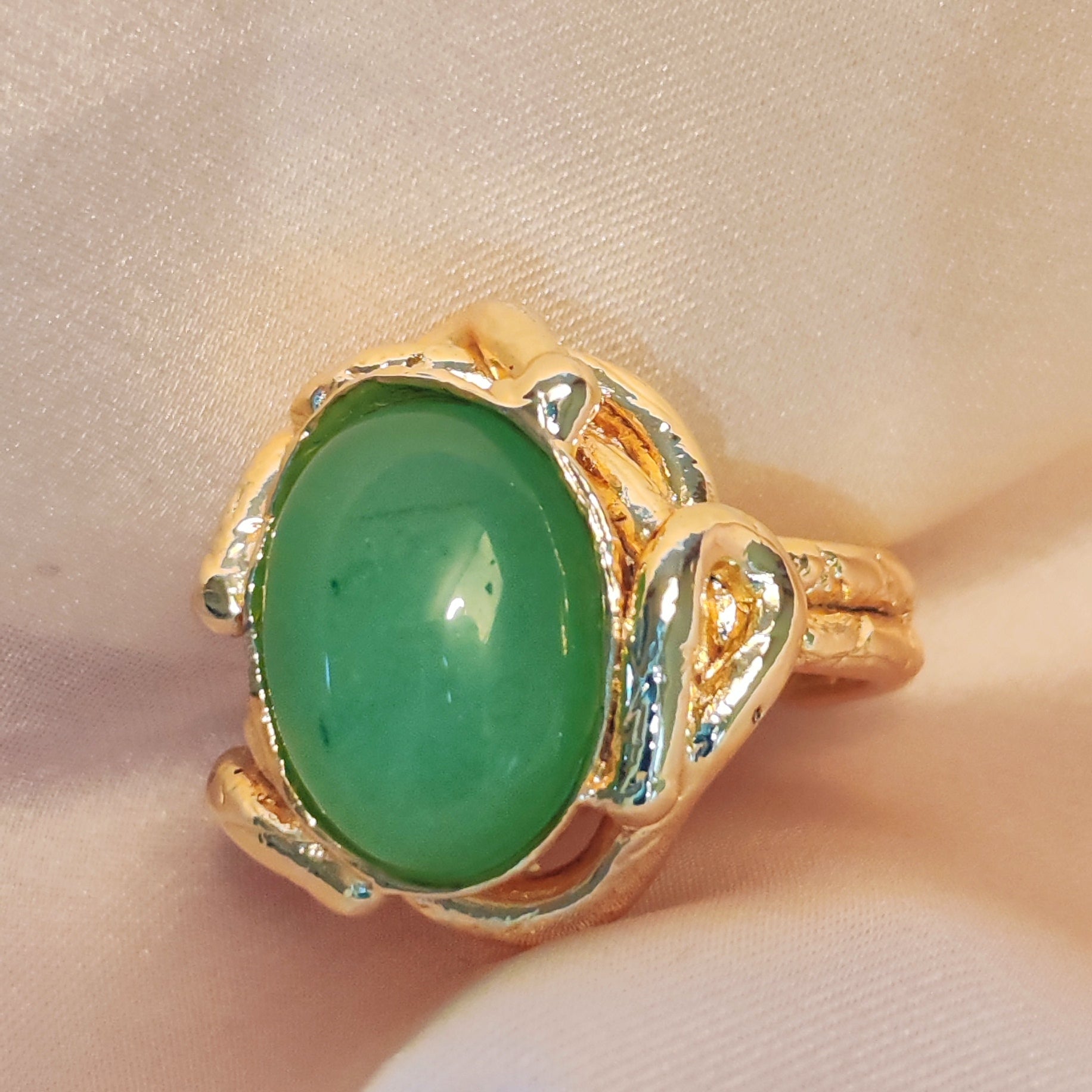Handmade Gold Plated Jade Ring – Adjustable Boho Statement Jewelry, Gift for Her