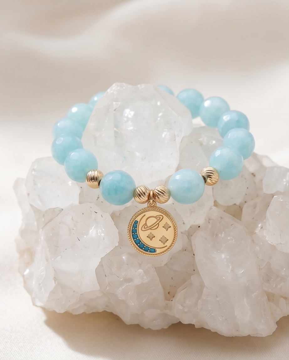 Handmade Natural Aquamarine Bracelet | Celestial Charm Gold-Plated Steel
