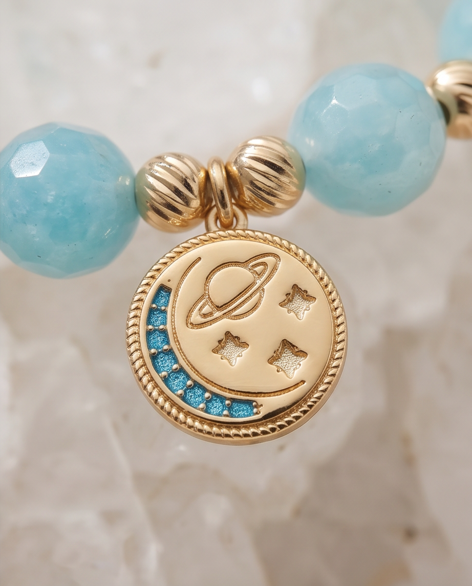 Handmade Natural Aquamarine Bracelet | Celestial Charm Gold-Plated Steel
