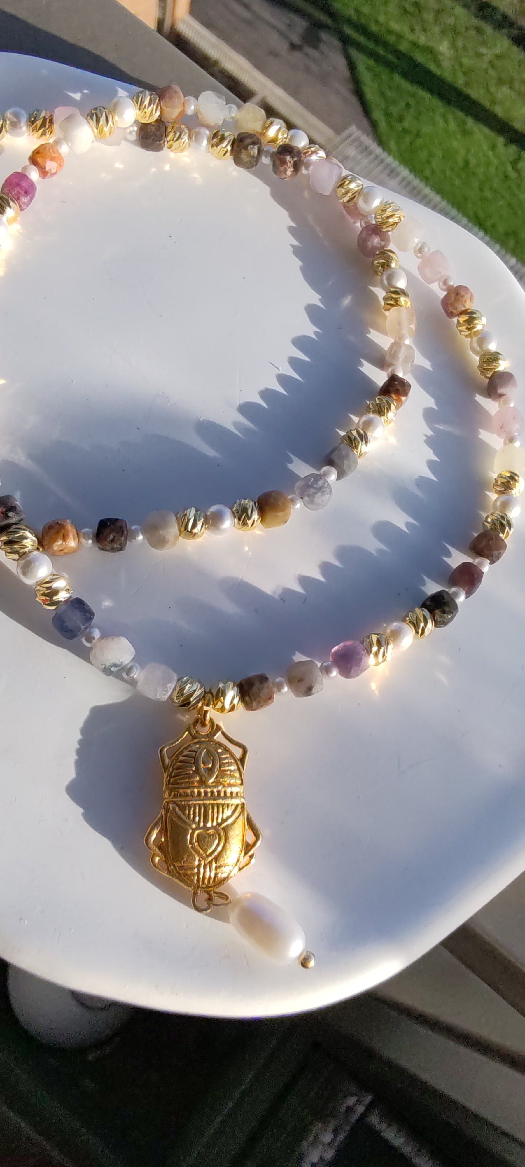 Pearl & Amethyst Scarab Necklace  18k Gold Plated