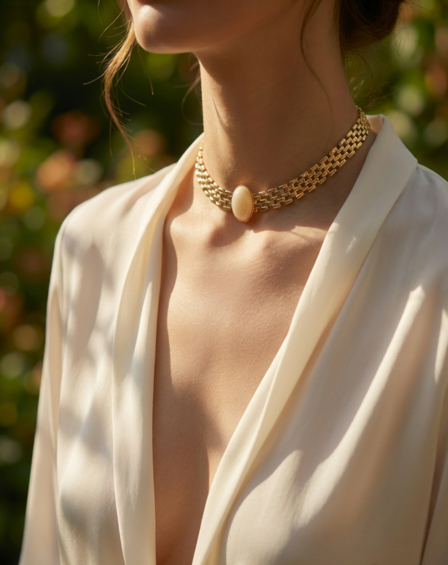 Stunning Vintage-Inspired Choker Necklace 37cm | Gold-Plated Brass with Beautiful Stone