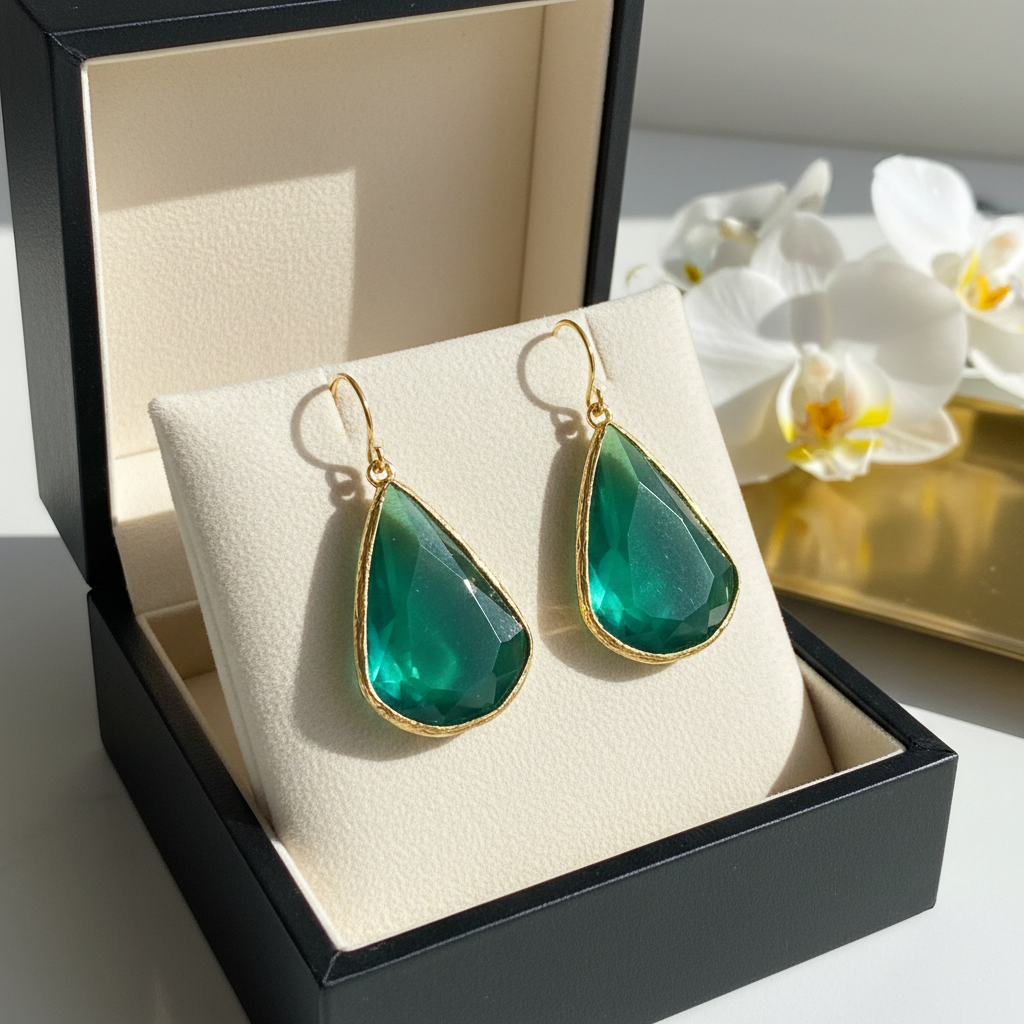 Green Cat's Eye Dangle Earrings 18k Gold Plated
