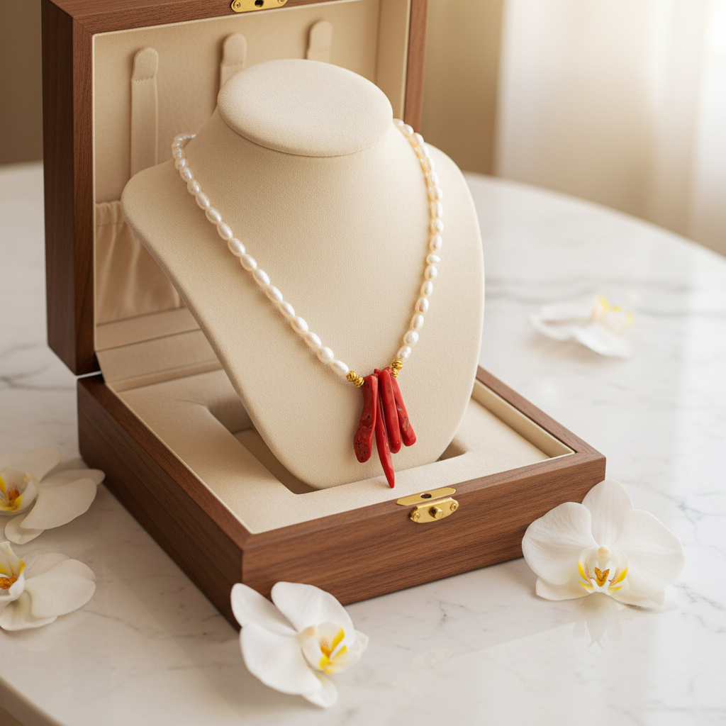Pearl Necklace with Natural Coral