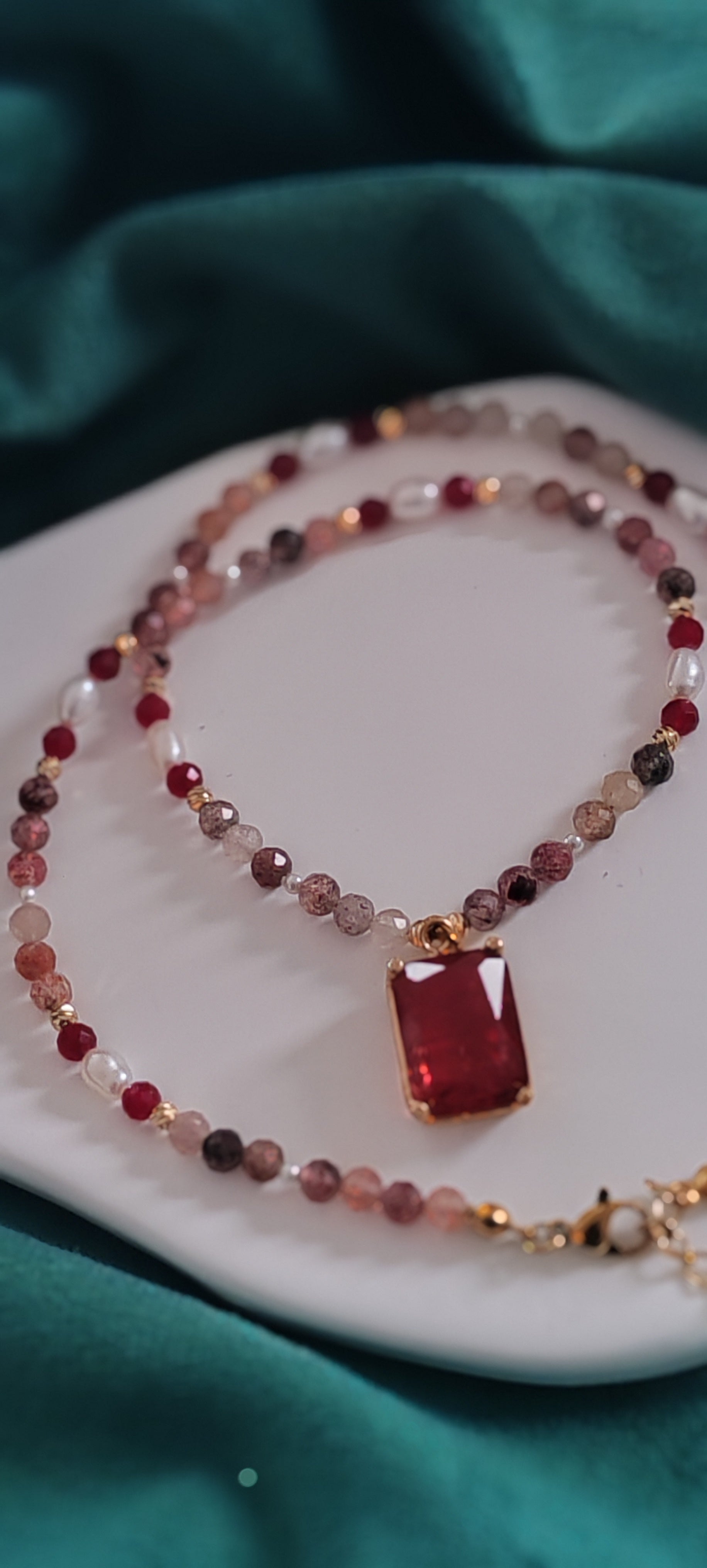 Cherry Quartz Necklace with Pearls & Zirconia, Gold Plated