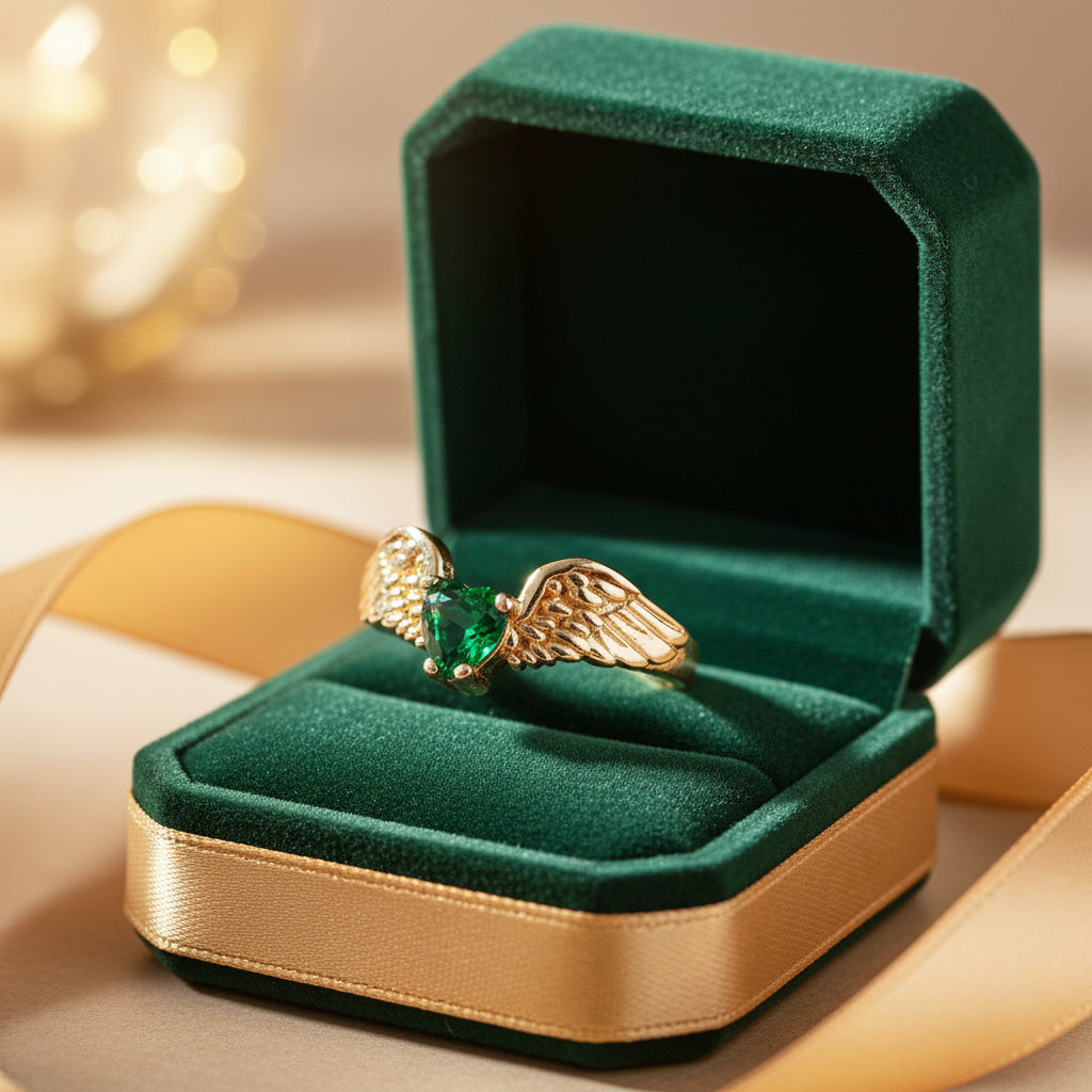 Angel Wings Gold Ring with Green Zirconia