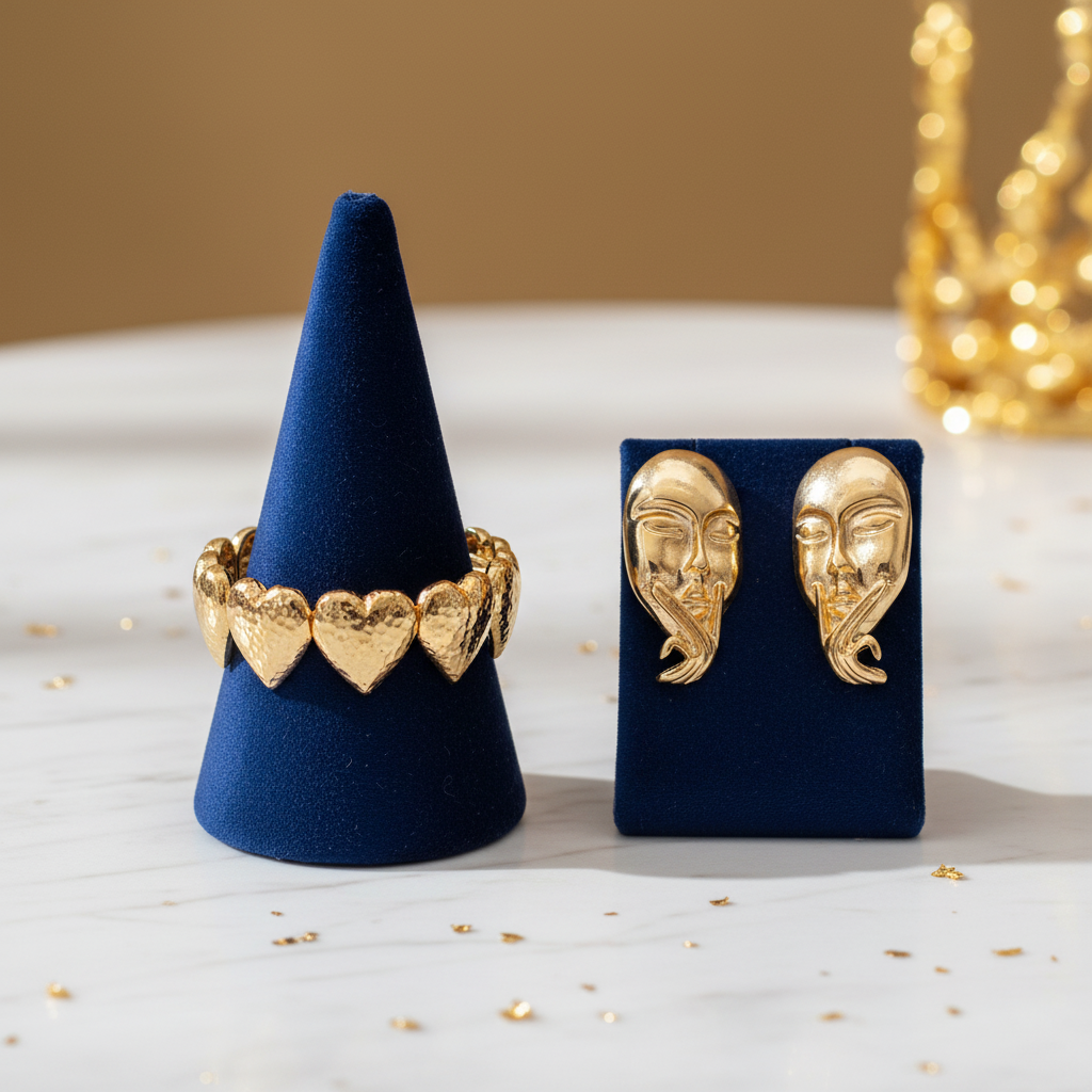 Gold Plated Heart Ring & Artistic Face Earrings Set
