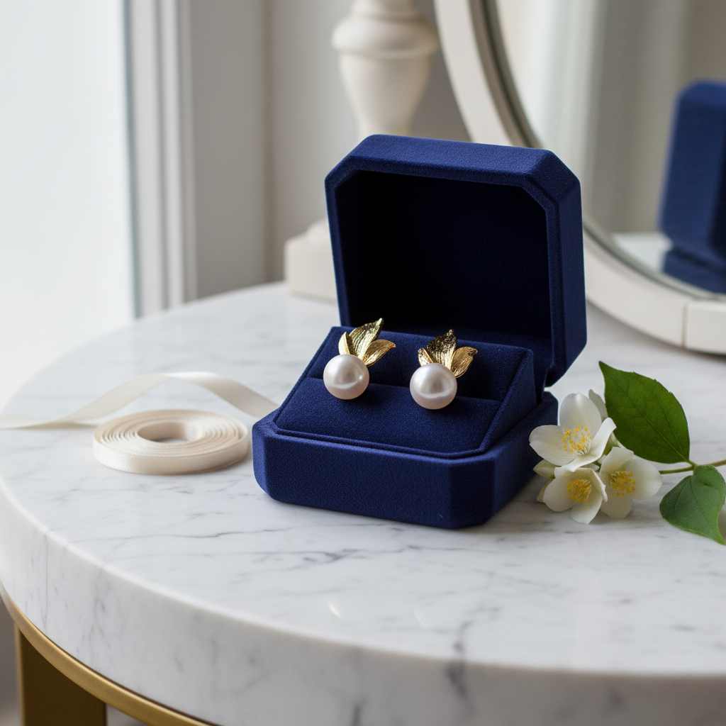 Gold-Plated Leaf Earrings with Genuine Pearl