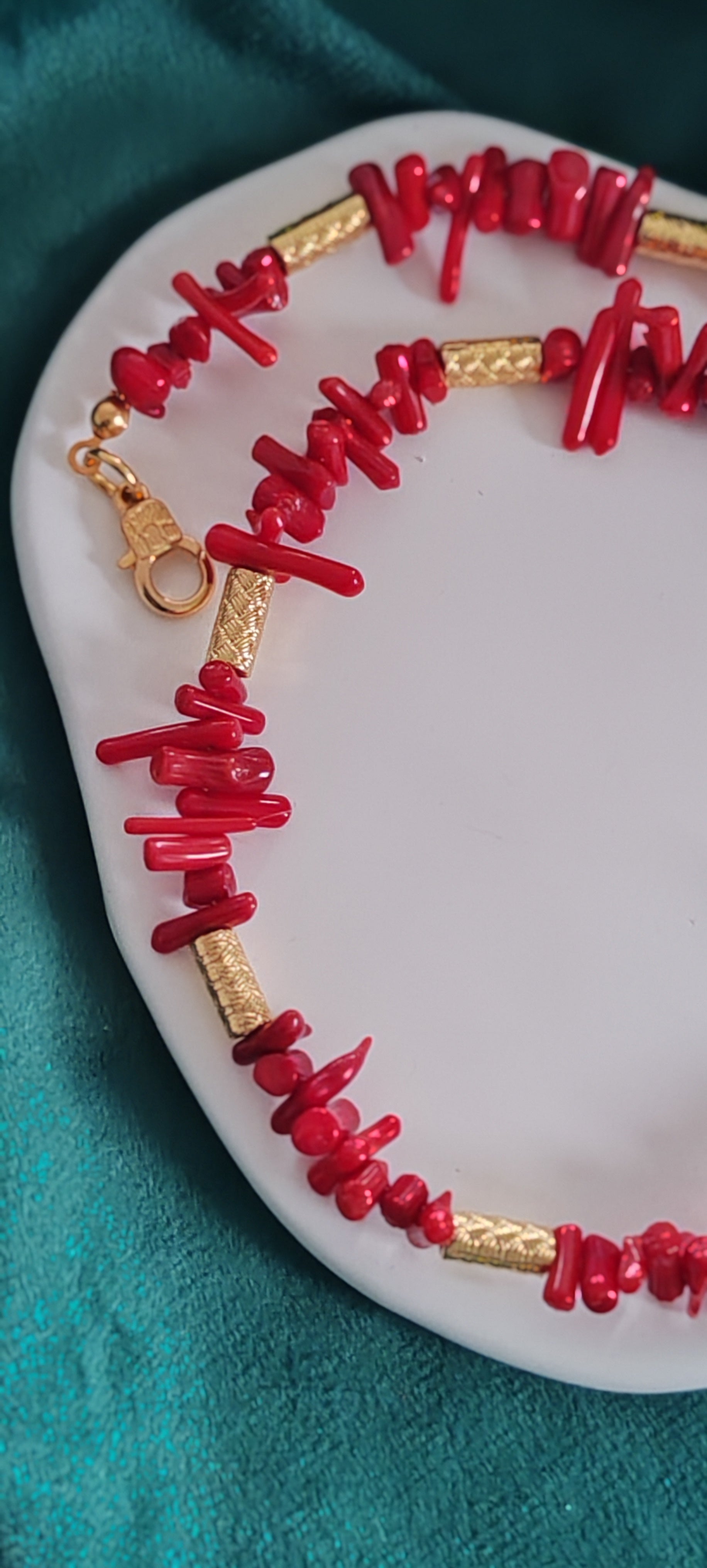 Red Coral Choker & Bracelet Set  18k Gold Plated