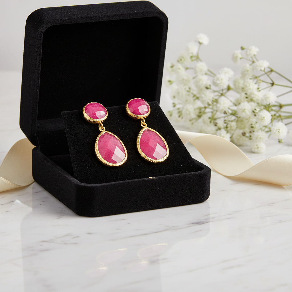 Raw Raspberry Ruby Drop Earrings 18K Gold Plated