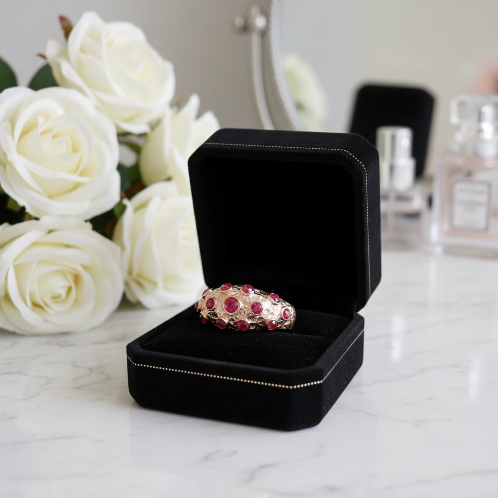 Studded Gold Ring with Pink Zirconia