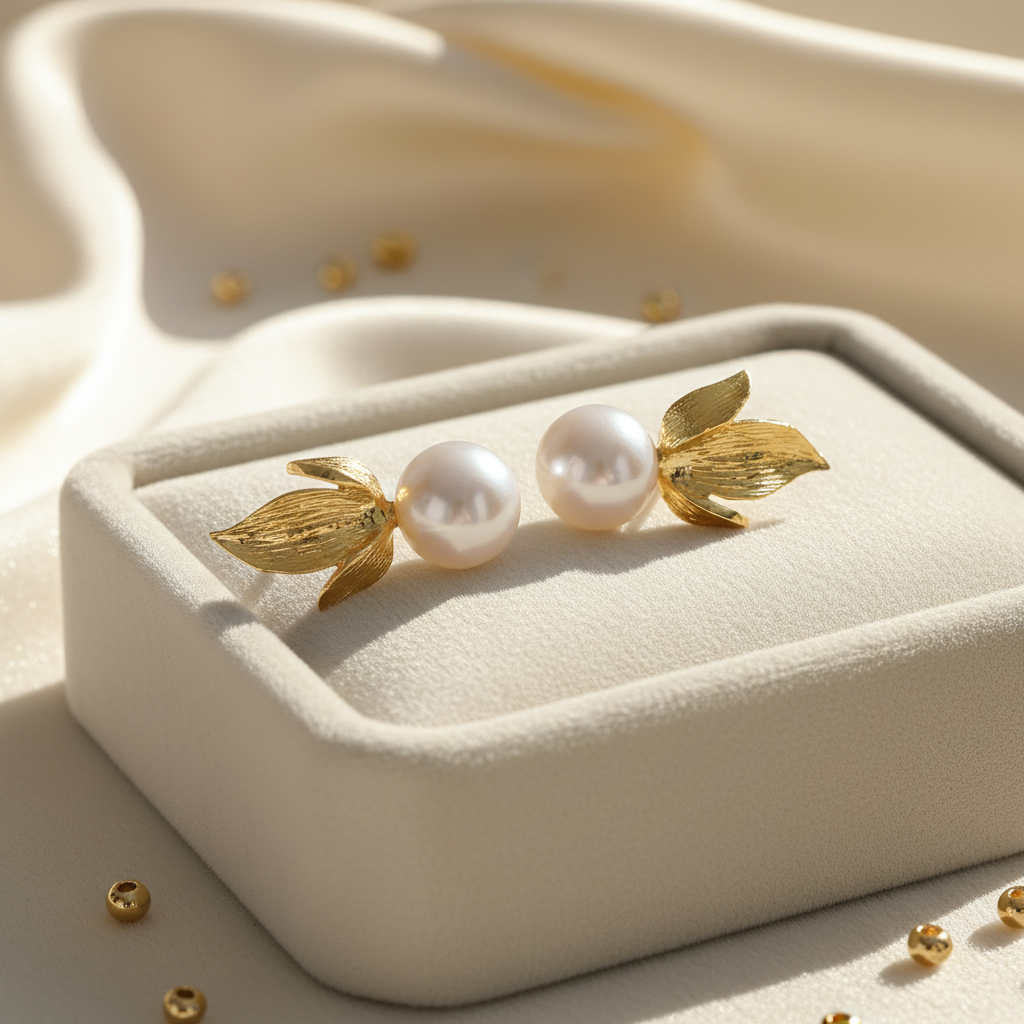 Gold-Plated Leaf Earrings with Genuine Pearl