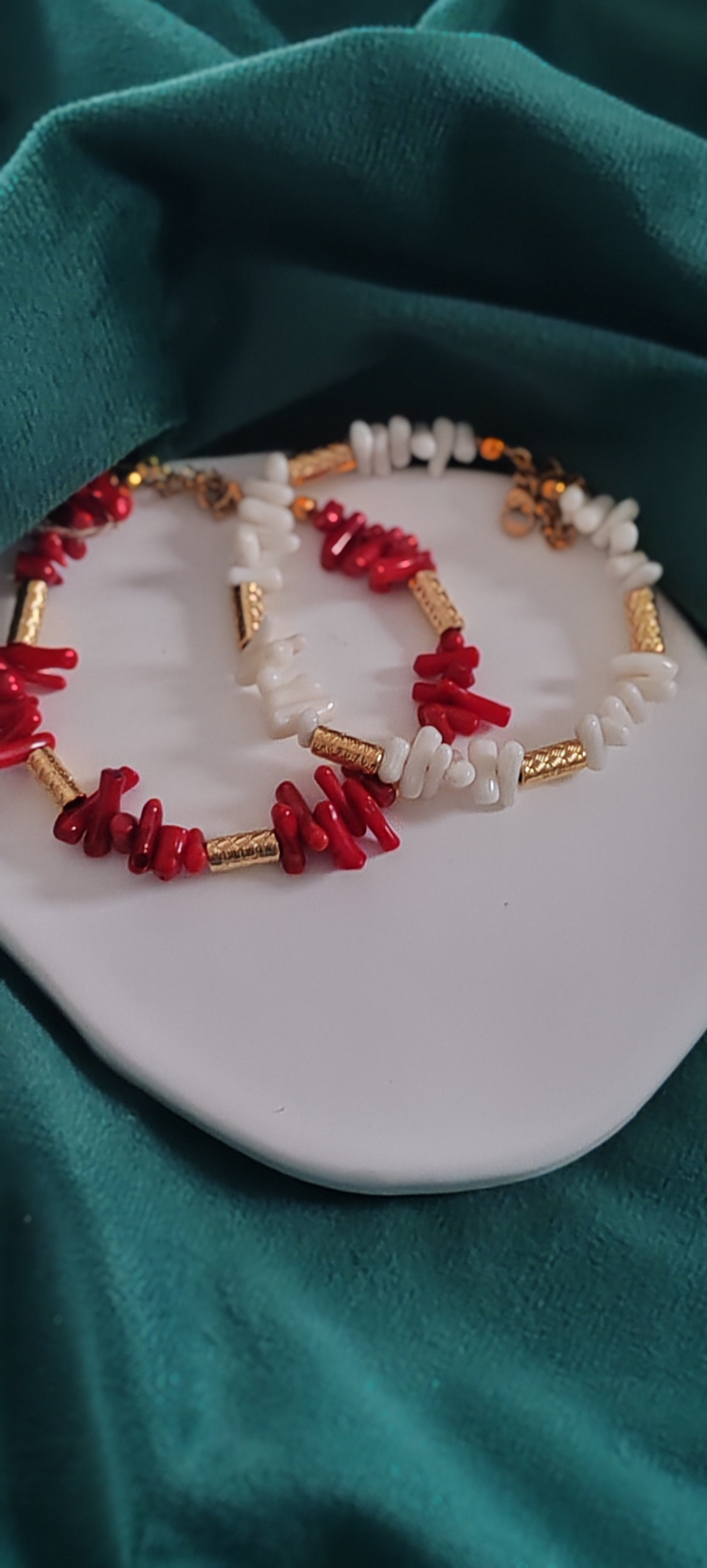 Red Coral Choker & Bracelet Set  18k Gold Plated